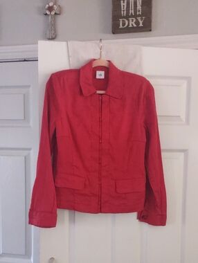 cabi Linen Rayon Red Utility Jacket with Button Front Button Sleeve Size Medium